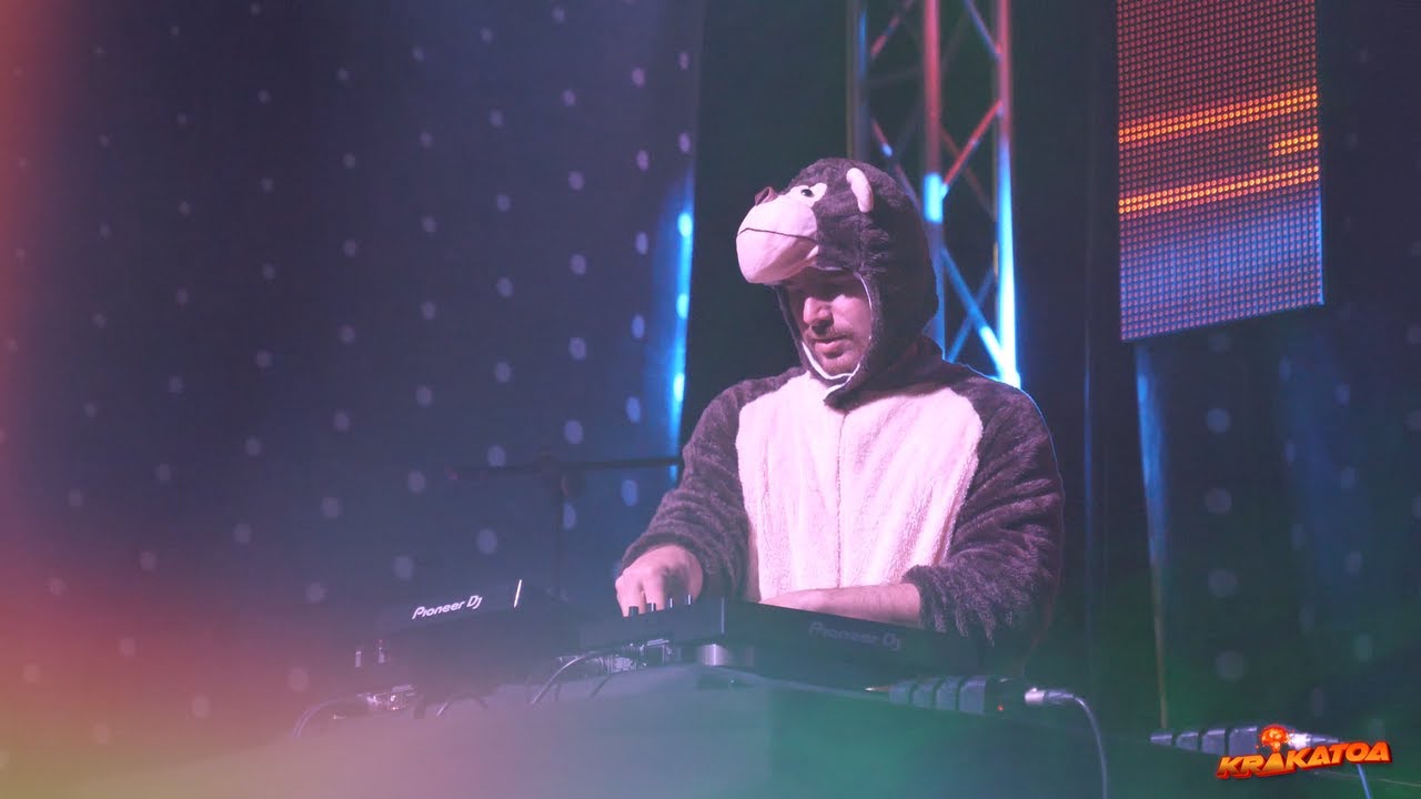 DJ con un disfraz de mono actuando tras una mesa de mezclas.